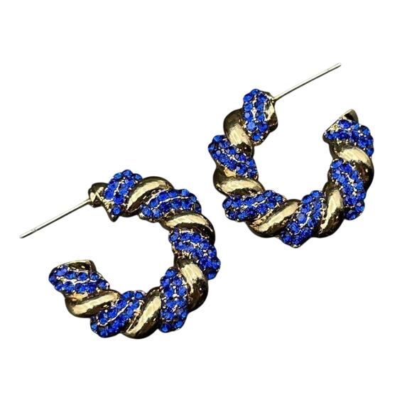 Yellow Gold with Blue Sapphire Crystal Twisted Rope Hoop Post Back Earrings - Picture 1 of 6